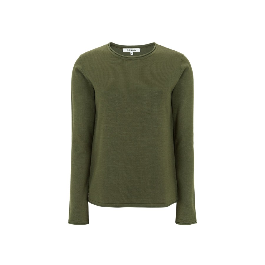 Overdele soft rebels | Soft Rebels Sr219-208 Marla O-Neck Roll Edge Knit Burnt Olive